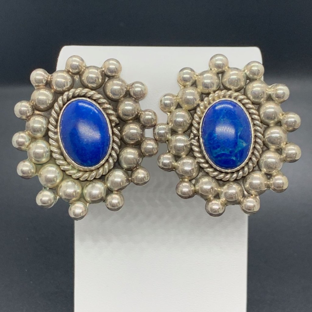 Vintage Signed Taxco 925 Sterling Silver Blue Lazurite Clip On Southwestern Earr